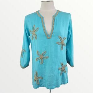 BARBARA GERWIT Blue Linen Starfish Beaded Tunic 3/4 Sleeve Beach Swim Cover Up